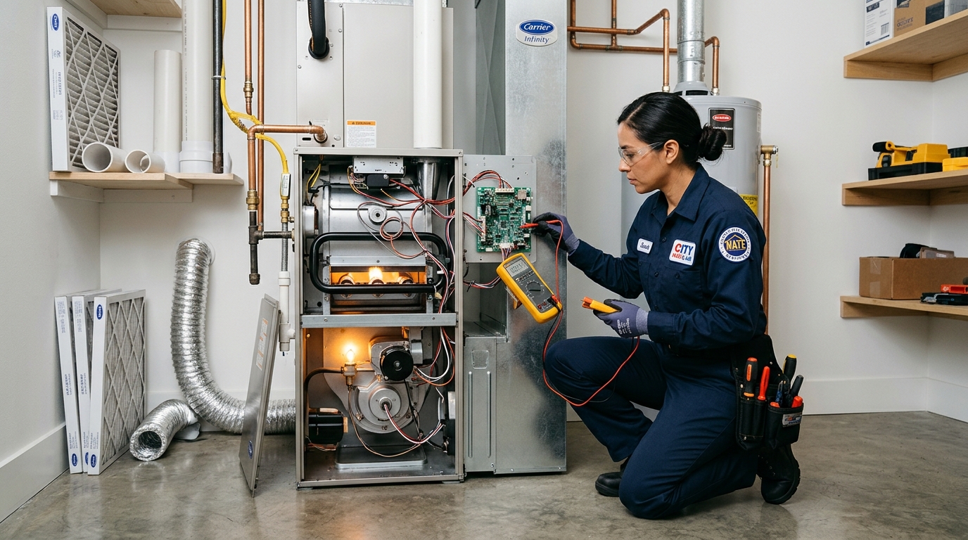 Certified HVAC technician performing furnace repair in Kellerman, AL